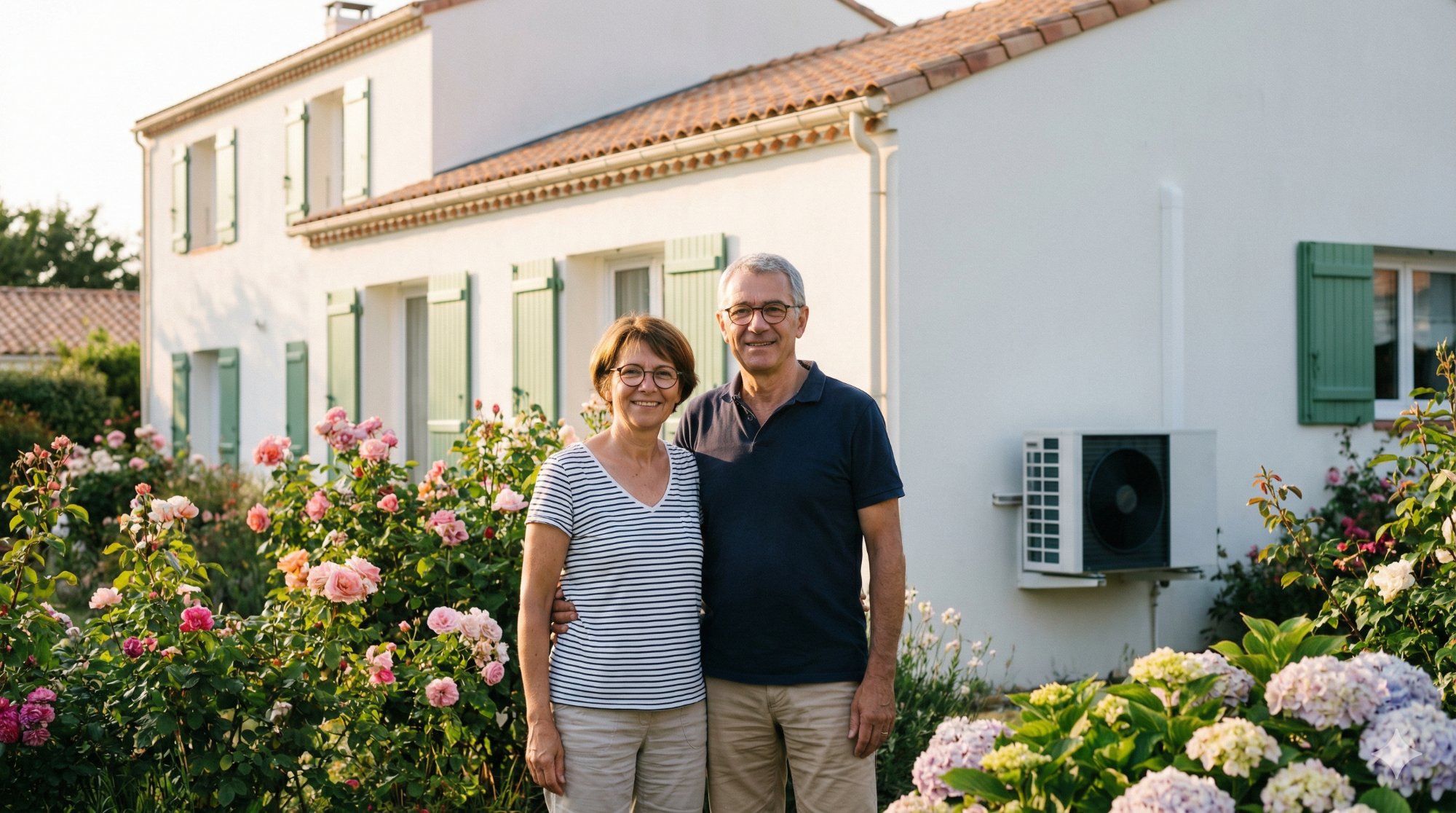 Couple de propriétaires devant leur maison avec pompe à chaleur installée